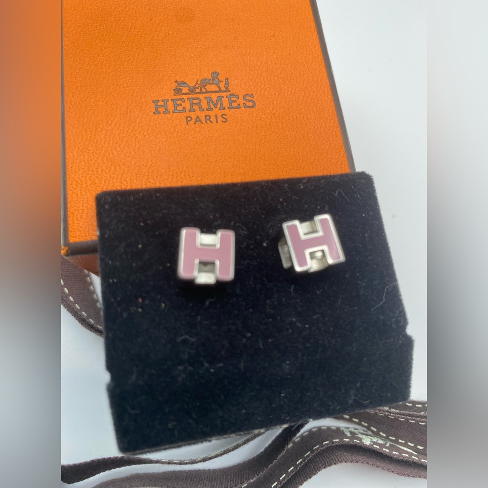 AUTHENTIC Hermes Cage d’H Cube Pink/Silver Earrings w/ Original Box & Ribbon - Picture 4 of 14